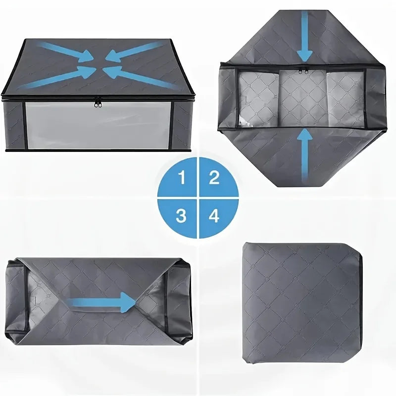 Collapsible storage bag with multiple views and assembly instructions on a white background