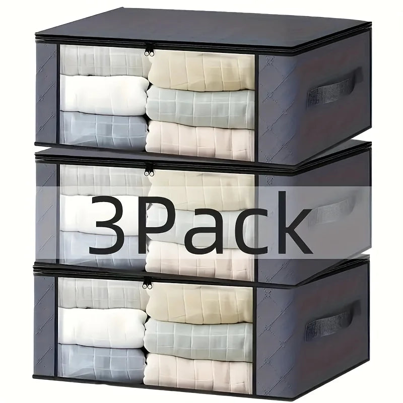 Three stacked storage boxes with folded clothes inside, labeled '3Pack' on a white background.