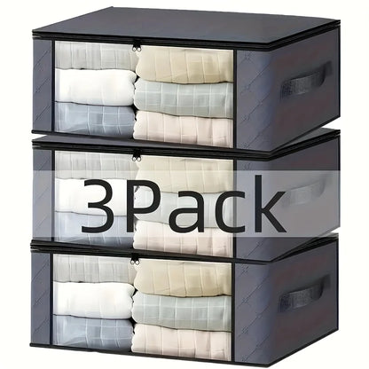Three stacked storage boxes with folded clothes inside, labeled '3Pack' on a white background.