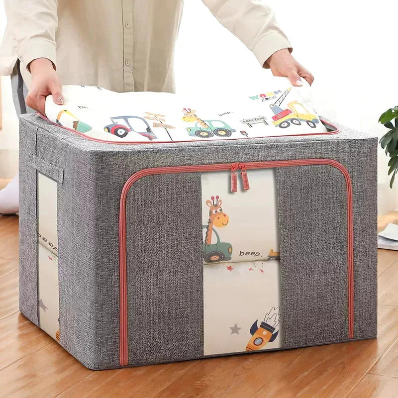 Gray storage ottoman with colorful cartoon design on a wooden floor.