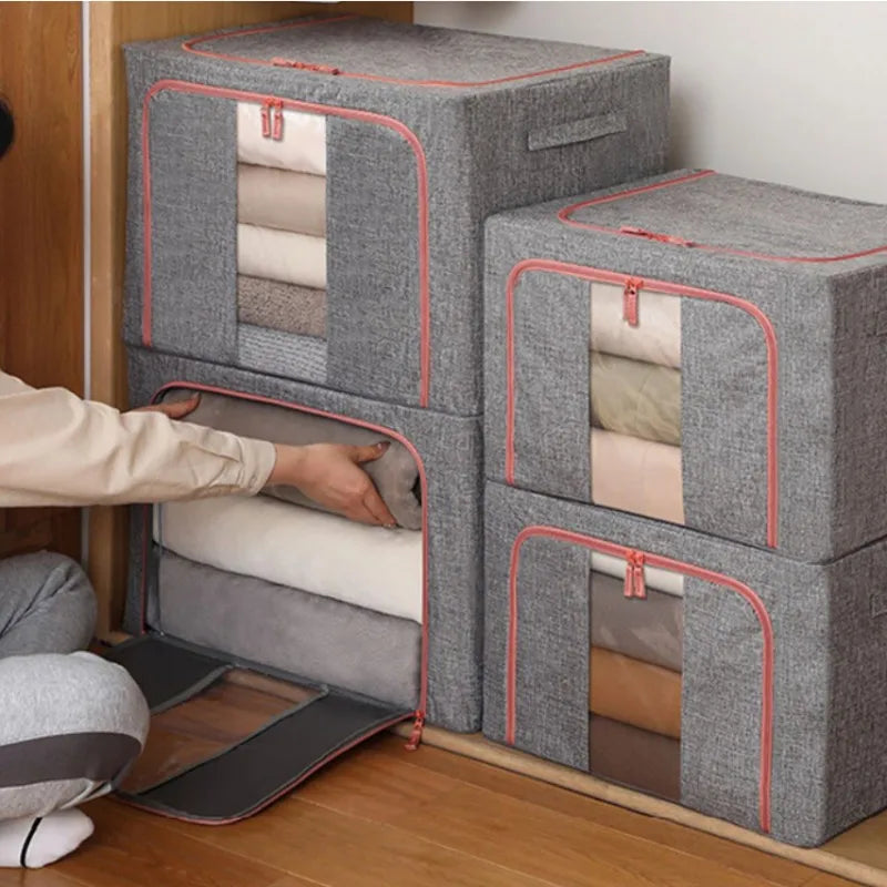 Gray storage cubes with transparent panels on a wooden floor.