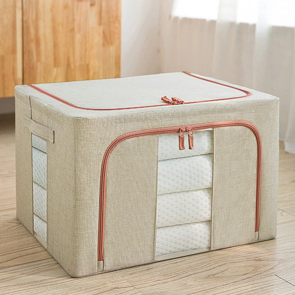 Beige storage box with pink zipper on a wooden floor