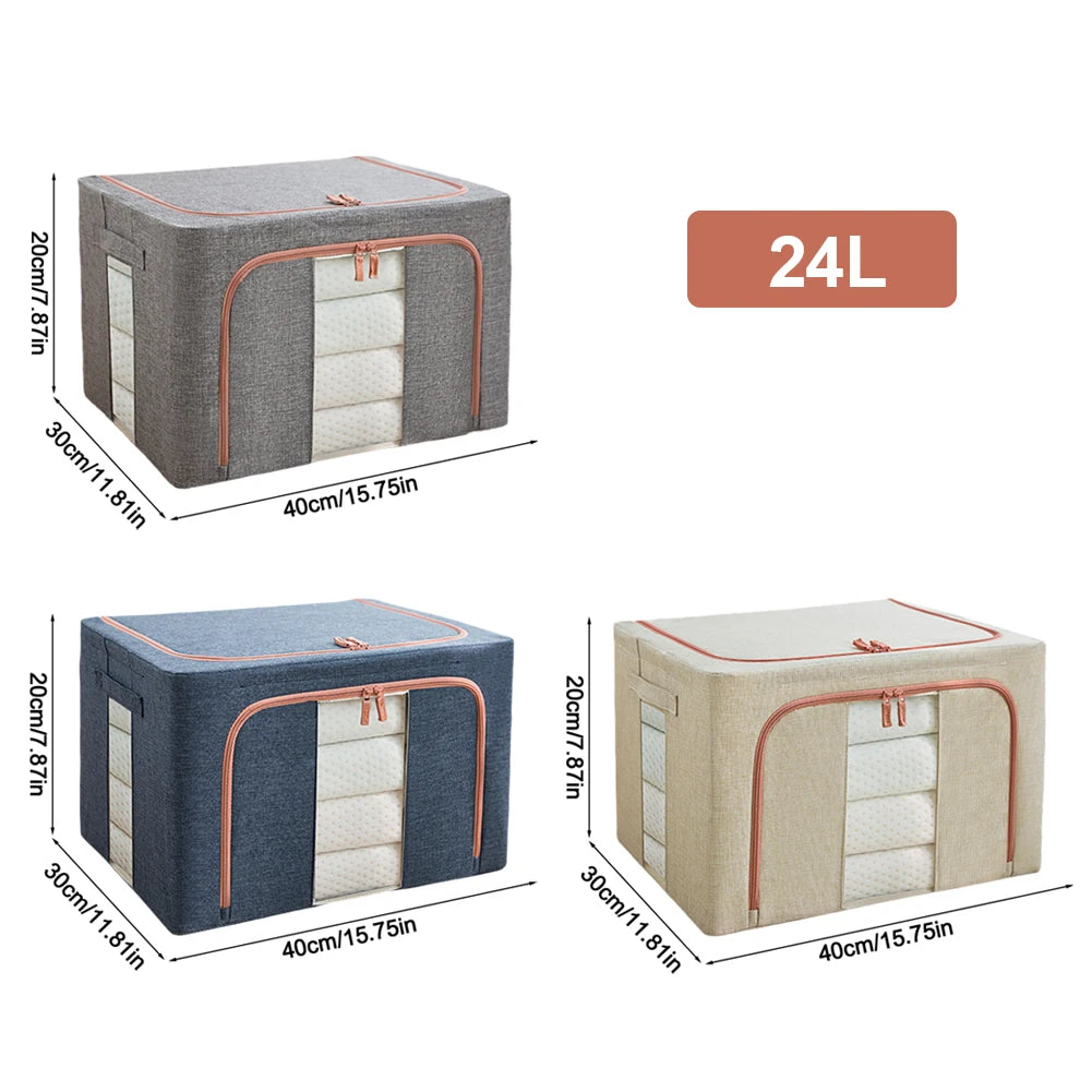 Three storage boxes with dimensions and color options on a white background