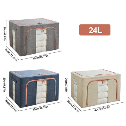 Three storage boxes with dimensions and color options on a white background