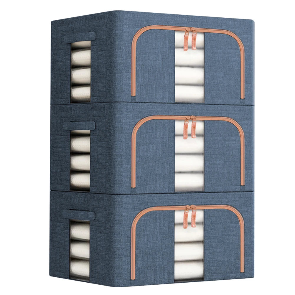 Stack of blue storage boxes with white contents on a white background