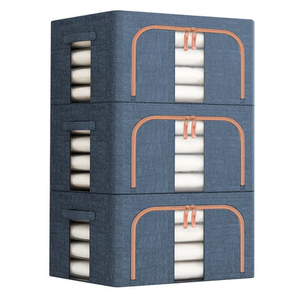 Stack of blue storage boxes with white contents on a white background