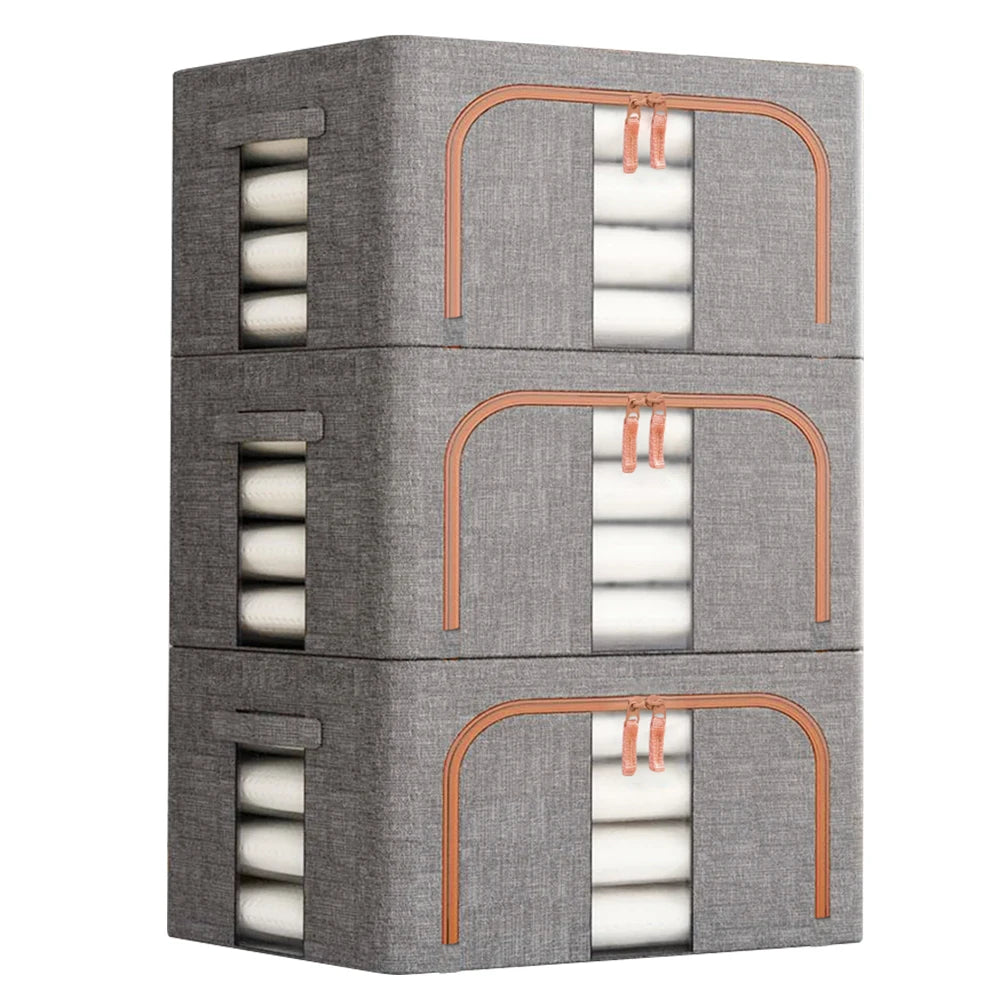 Stack of gray storage cubes with white contents and orange handles on a white background