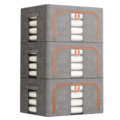 Stack of gray storage cubes with white contents and orange handles on a white background