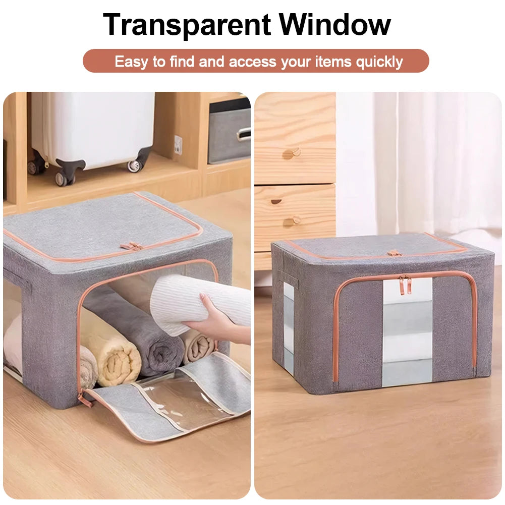 Gray storage box with transparent window for easy item access, shown in two settings.