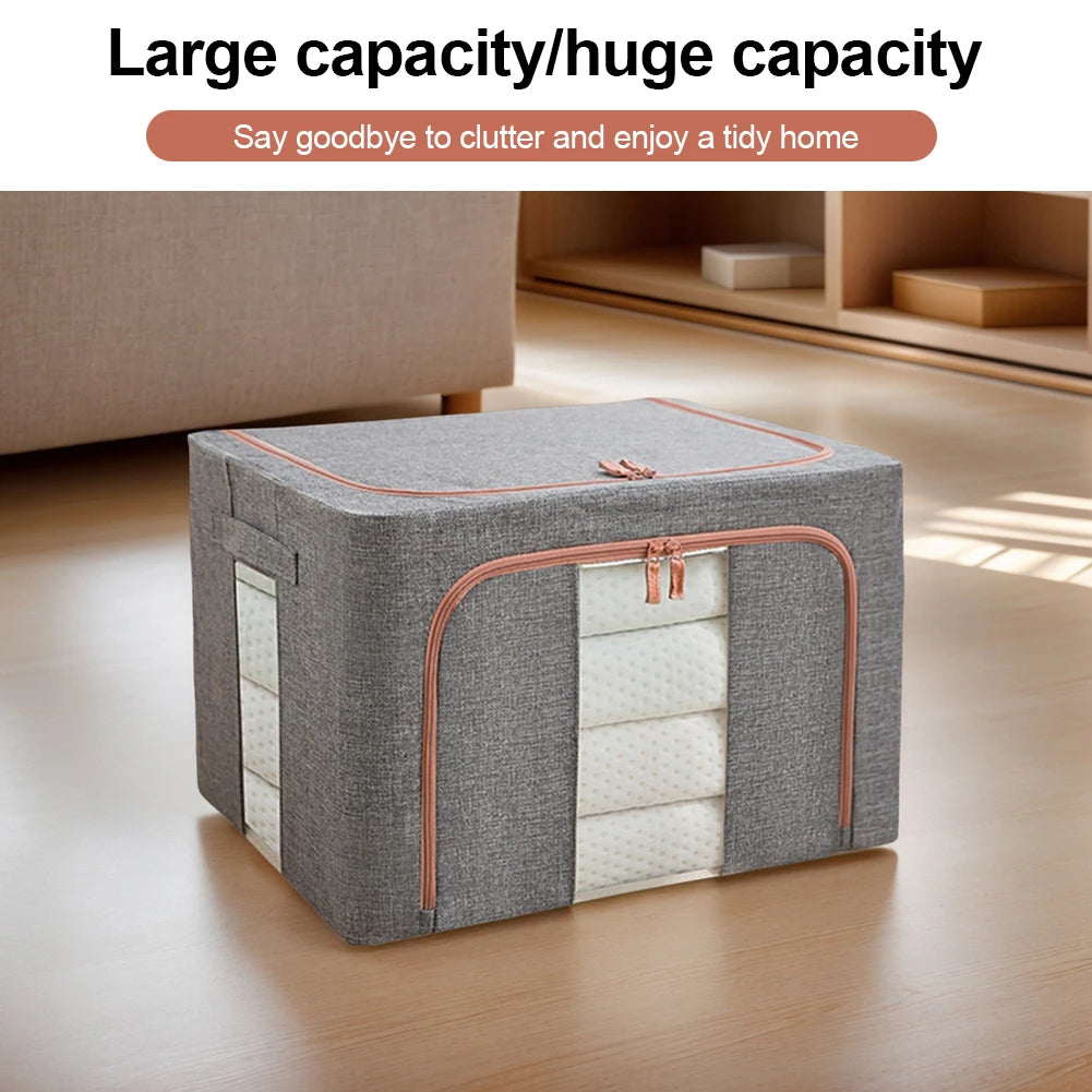Gray storage box with rose gold accents on a wooden floor, text indicating large capacity.