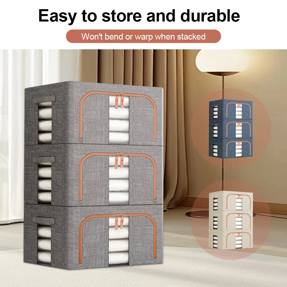 Stackable storage bins with text 'Easy to store and durable' in a room setting.