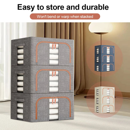 Stackable storage bins with text 'Easy to store and durable' in a room setting.