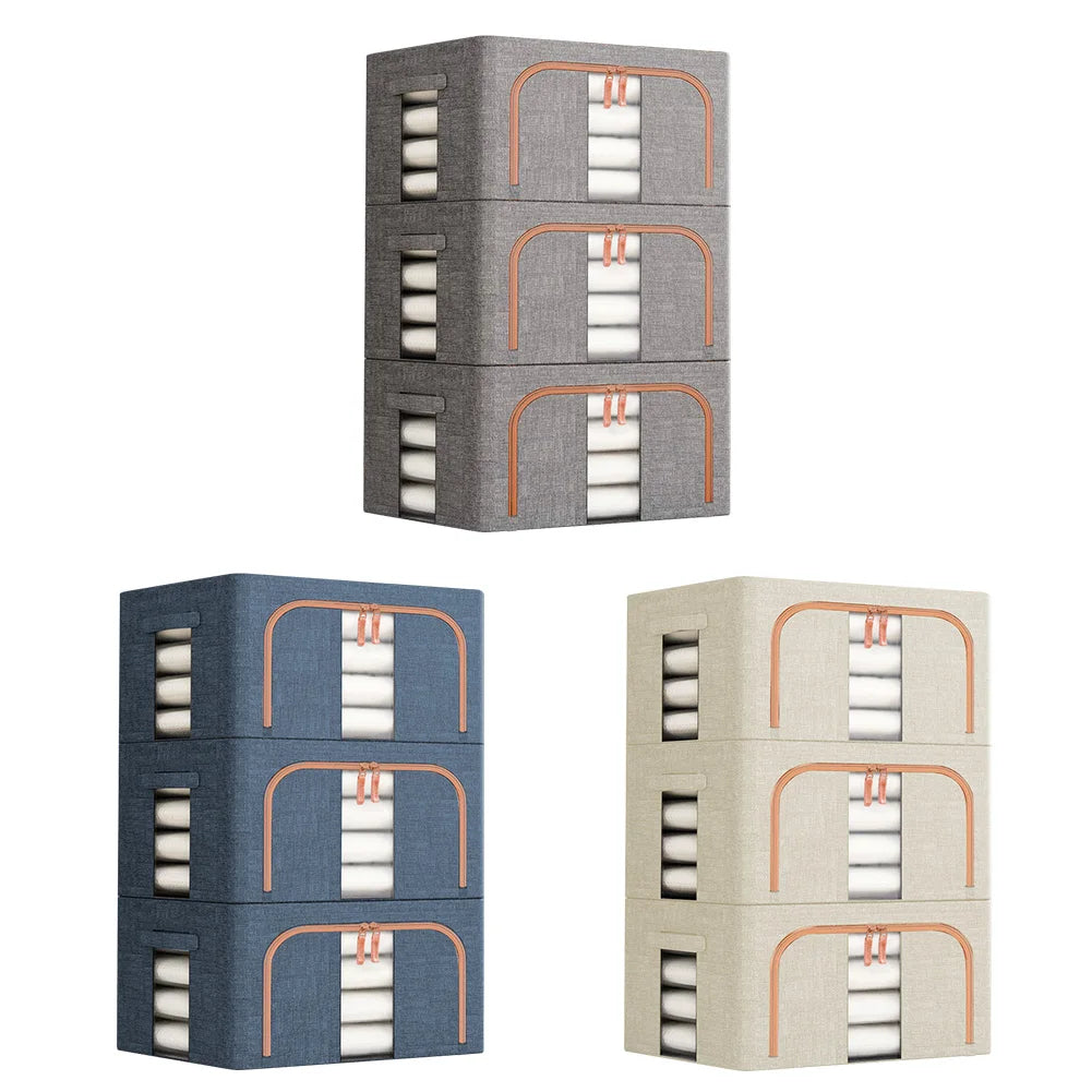 Three stacked boxes in gray, blue, and beige with white interior compartments on a white background.