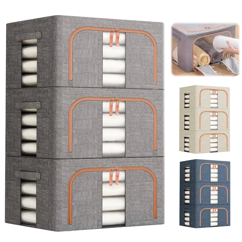 Stackable storage boxes with handles in gray, beige, and blue on a white background.