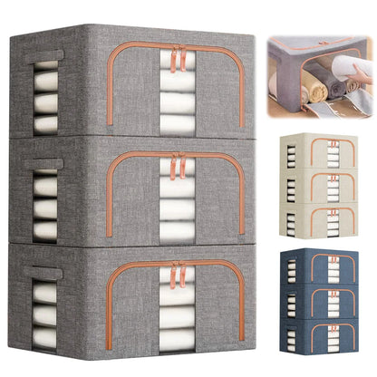 Stackable storage boxes with handles in gray, beige, and blue on a white background.