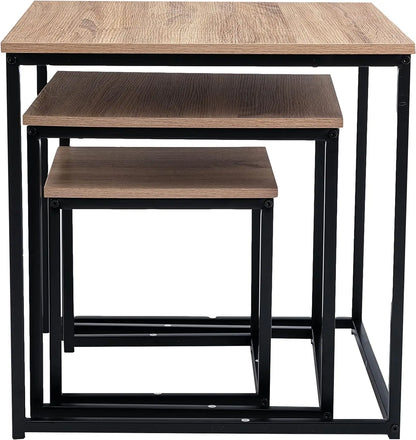 Set of three nesting tables with wooden tops and black metal frames on a white background