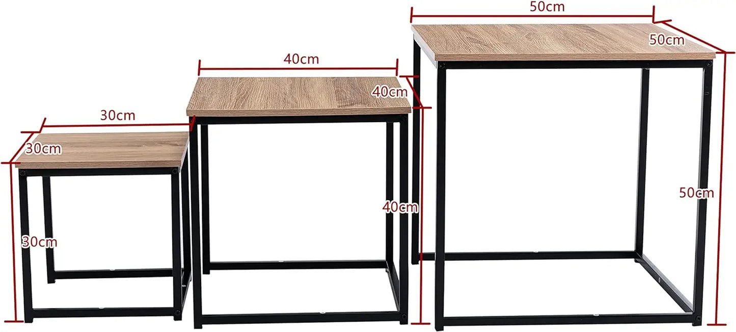 Set of three nesting tables with dimensions indicated