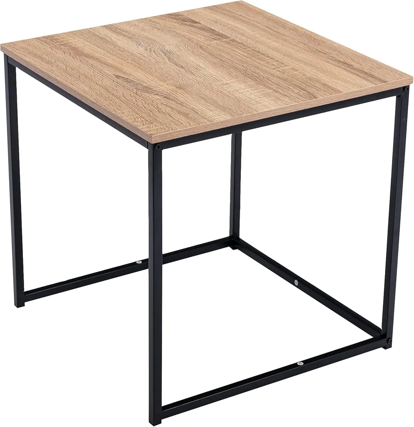 Square table with wooden top and black metal frame on a white background