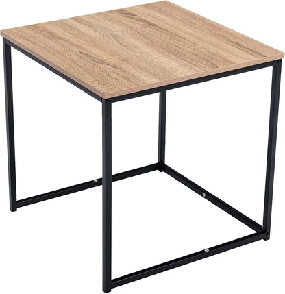 Square table with wooden top and black metal frame on a white background
