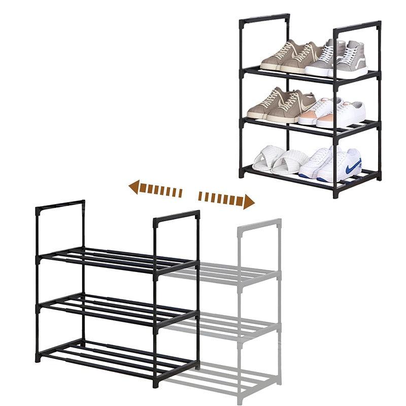 Black shoe rack with shoes on a white background