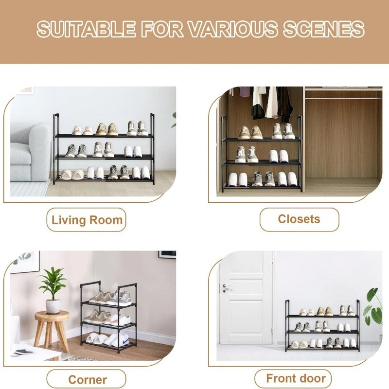 Shoe rack shown in various indoor settings including living room, closets, corner, and front door.