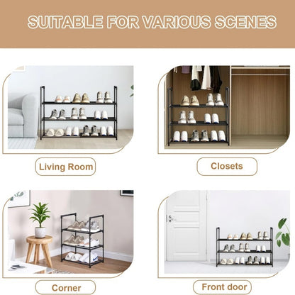 Shoe rack shown in various indoor settings including living room, closets, corner, and front door.