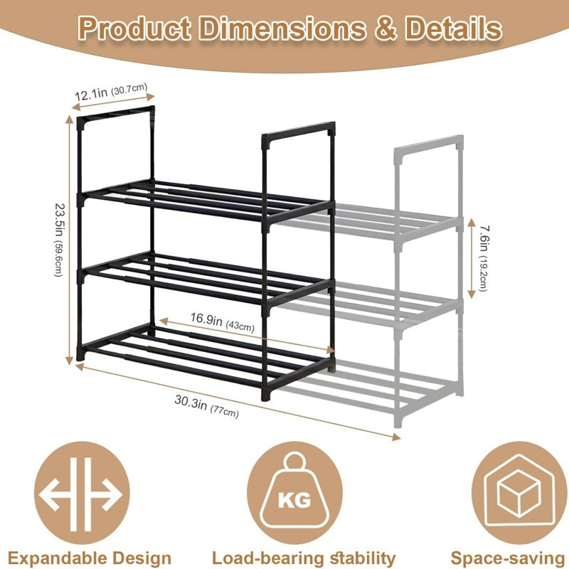 3-tier metal shelf with dimensions and features on a white background