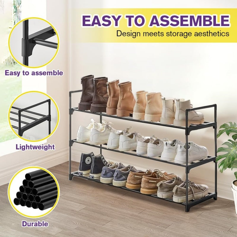 Shoe rack with shoes on it, labeled as easy to assemble, lightweight, and durable.