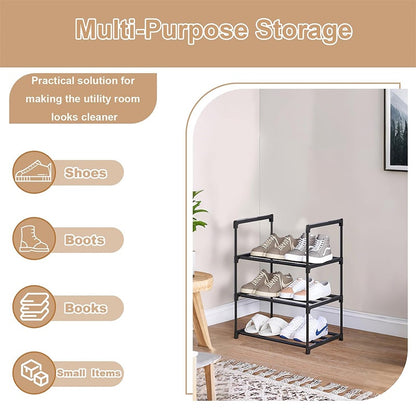 Three-tier shoe rack with text highlighting its use for shoes, boots, books, and small items in a home setting.