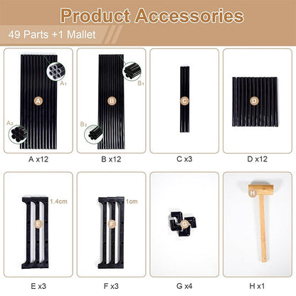 Product accessories with parts labeled and a mallet on a beige background