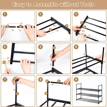 Step-by-step assembly instructions for a black metal shelf without tools
