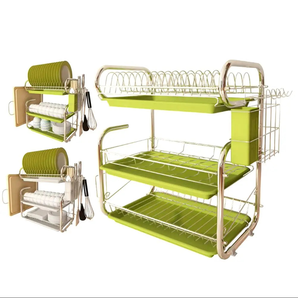 Green and gold dish rack with various utensils on a white background
