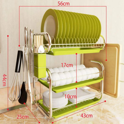 Green dish rack with measurements on a neutral background