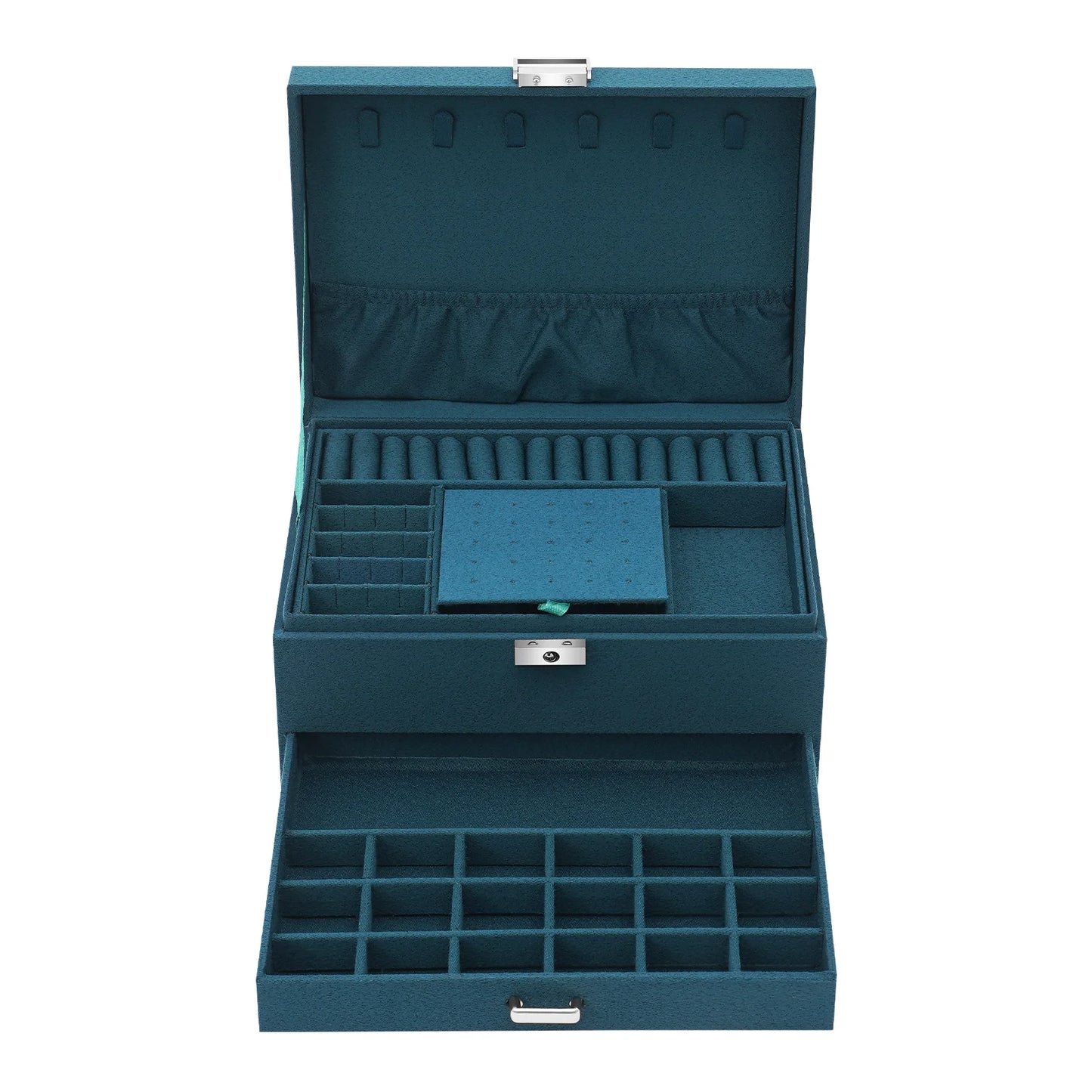 Teal jewelry box with compartments on a white background