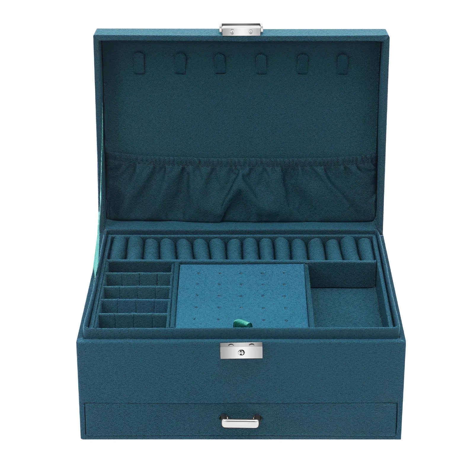 Blue jewelry box with compartments on a white background