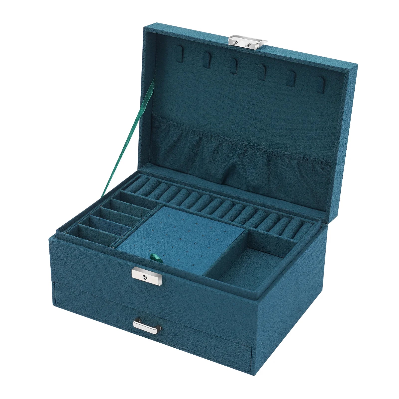 Blue jewelry box with compartments on a white background