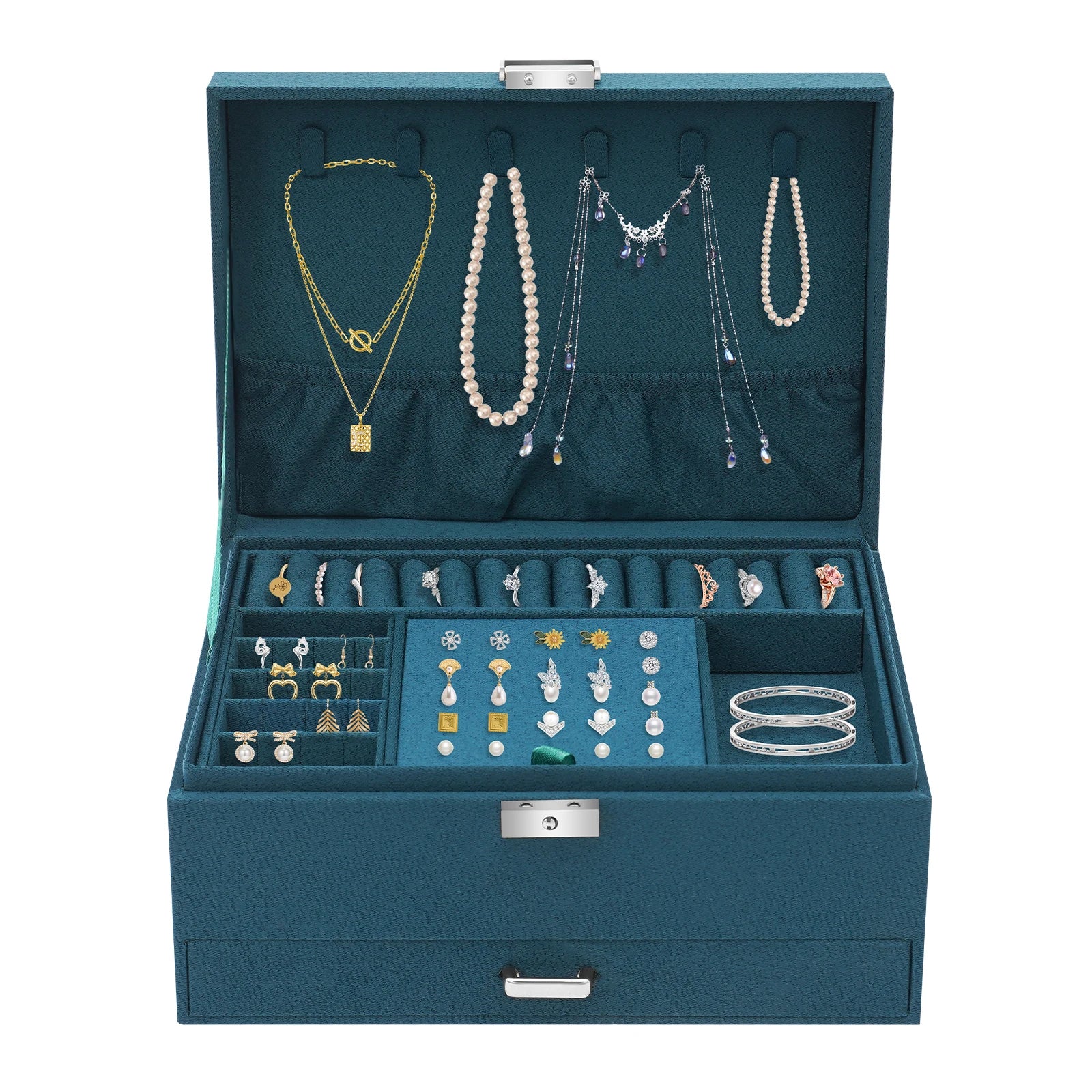 Open teal jewelry box with various jewelry items displayed on a white background