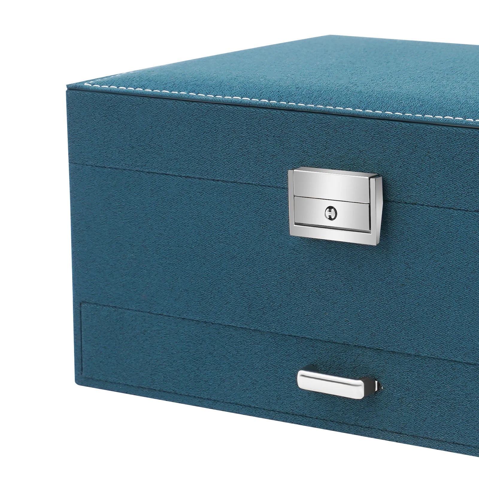 Blue jewelry box with silver lock and handle on a white background