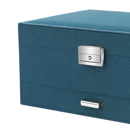 Blue jewelry box with silver lock and handle on a white background