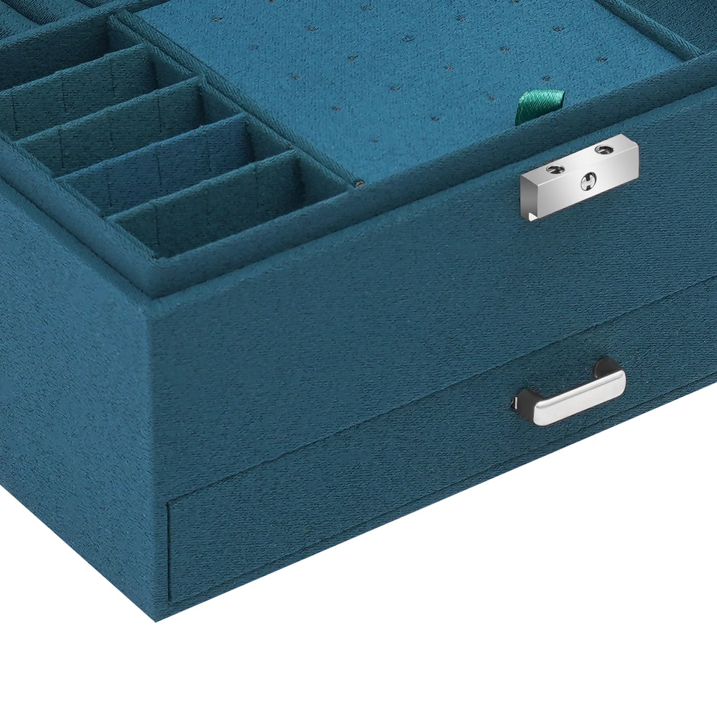 Blue jewelry box with compartments on a white background