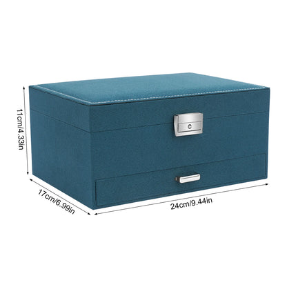 Blue jewelry box with dimensions on a white background