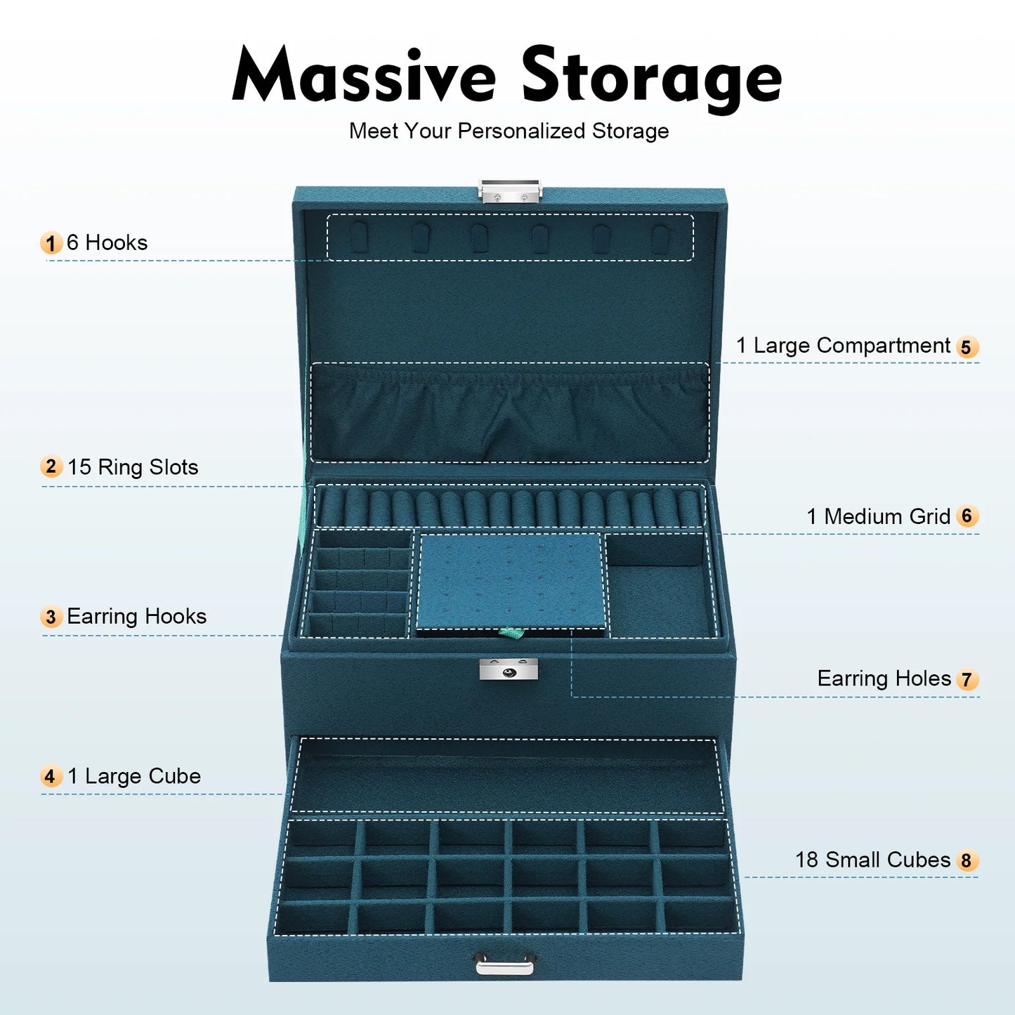 Blue jewelry storage box with features labeled on a white background
