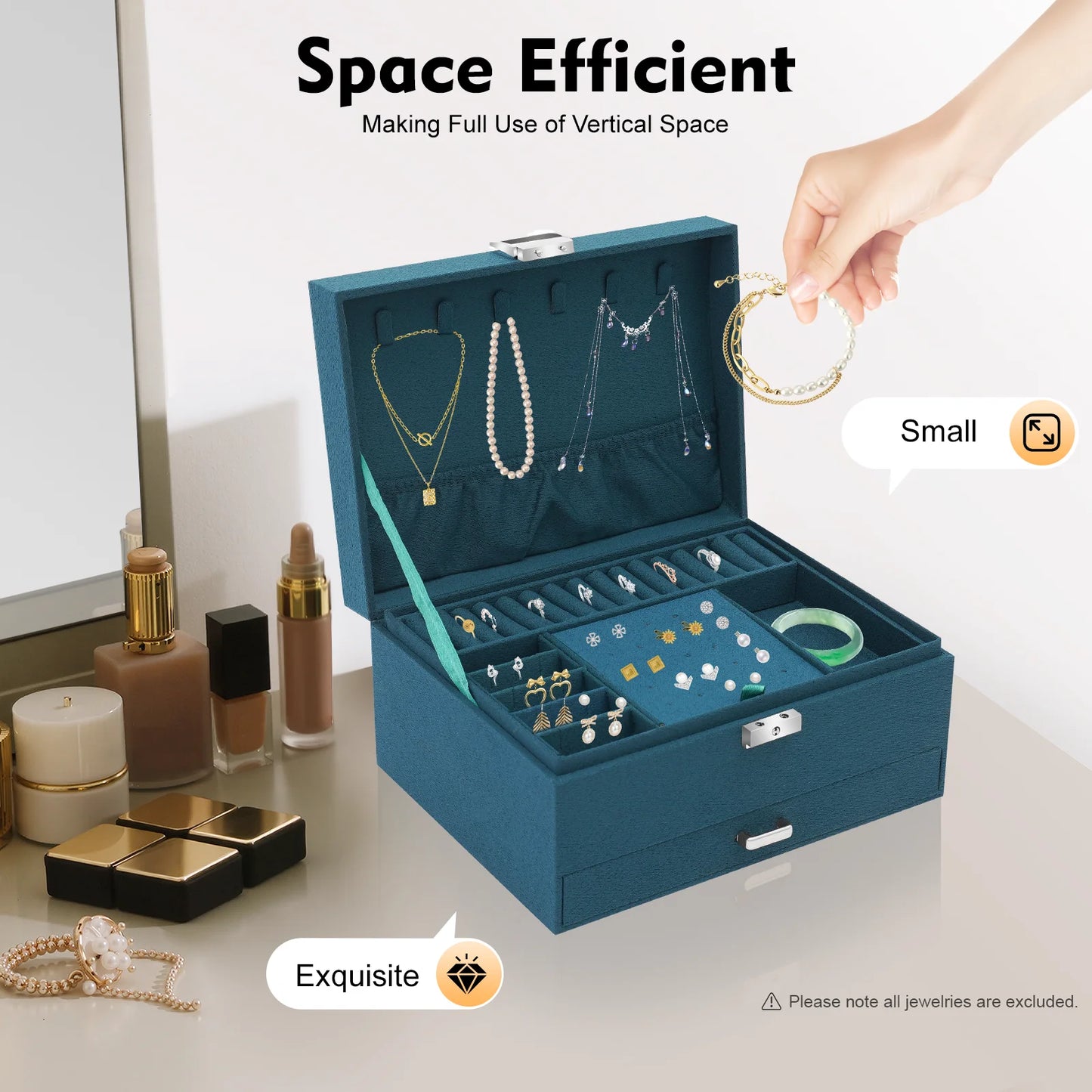Blue jewelry box with jewelry items on a table, with text 'Space Efficient' and 'Exquisite'.