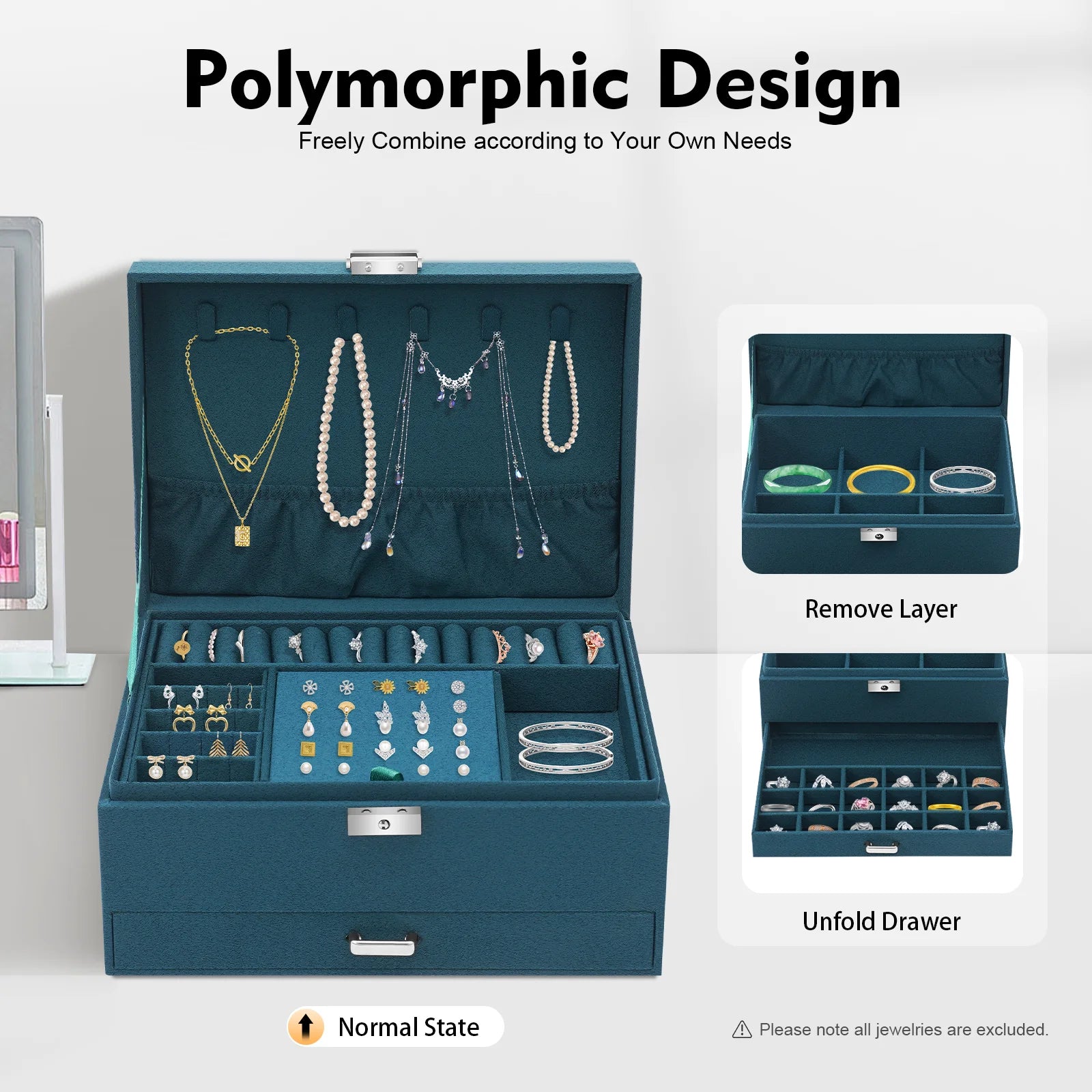 Jewelry organizer with various compartments and jewelry items on a white background.