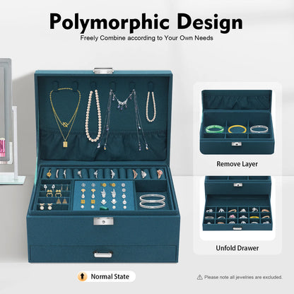 Jewelry organizer with various compartments and jewelry items on a white background.