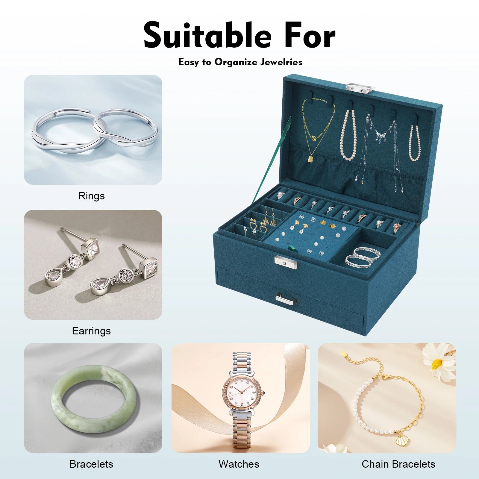 Jewelry organizer with compartments for rings, earrings, bracelets, watches, and chain bracelets on a light gray background.