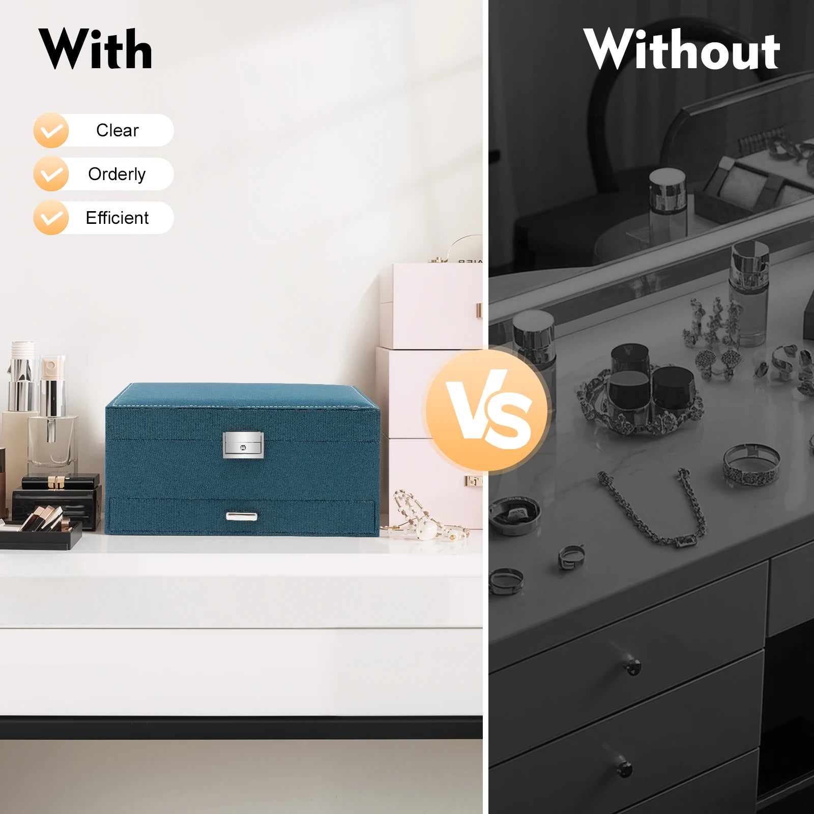 Comparison of a blue jewelry box on a white surface with a mirror showing disorganized items on a black surface.