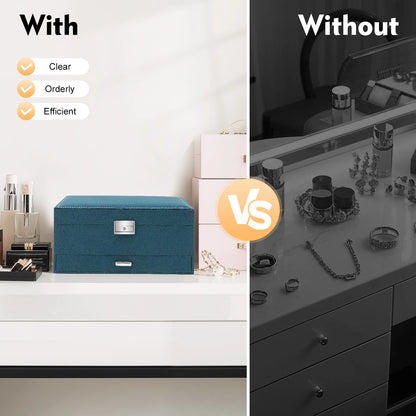 Comparison of a blue jewelry box on a white surface with a mirror showing disorganized items on a black surface.