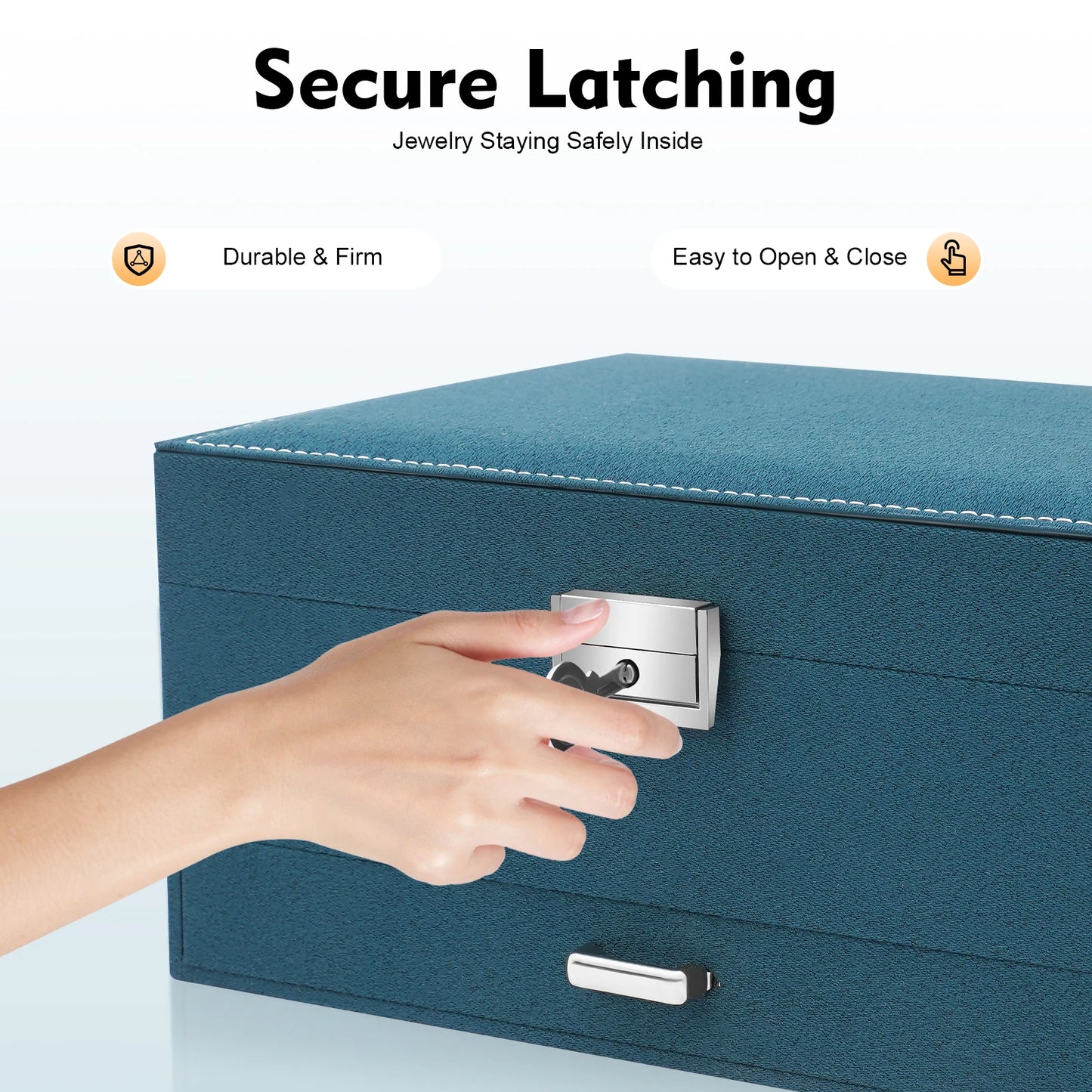 Blue jewelry box with a hand opening it, emphasizing secure latching.