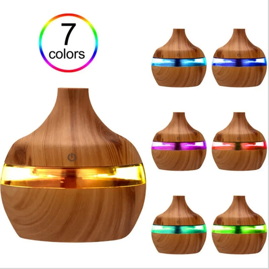 Wooden diffuser with colorful LED lights on a white background